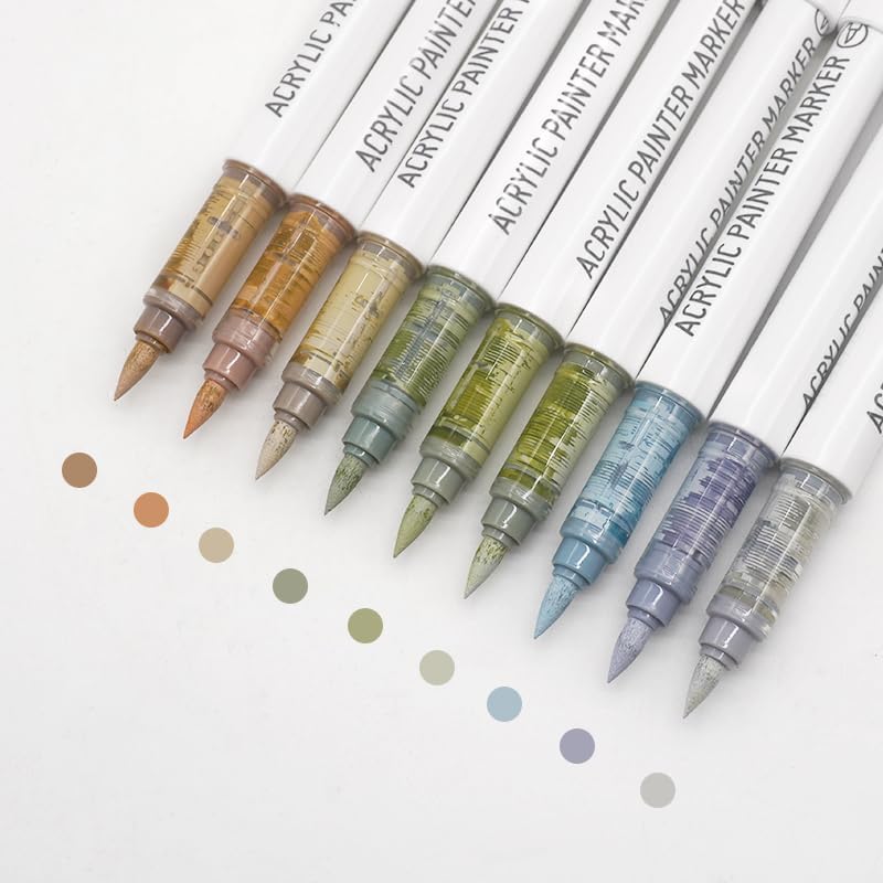Yolaka Water Based Acrylic Paint Markers, 9 Colors Acrylic Paint Pens Set with Soft Brush Tip, Marker Pen for Rock Painting, Egg, Wood, Glass, Paper, Mugs, Acrylic Painter Ink (Gray Series-2) - Image 1